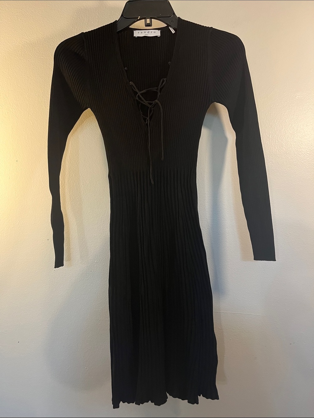 Sandro Black Ribbed Lace-Up V-Neck Long Sleeve Midi Dress
